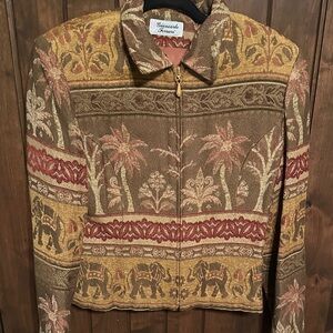 Vintage Giancarlo Ferrari Elephants Palm Trees Safari Tapestry Zip Up Blazer